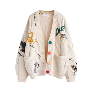 Women's Retro Tweed Color Block Knitwear Cardigan Top - Button Closure, Embroidery, Patchwork Pockets, Loose American Casual Outerwear with Comfortable Fabric & Stylish Design, Tops