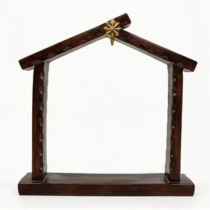 9" Nativity Stable with Star, Rustic Dark Brown Creche for Christmas Figurines, Indoor Religious Manger Scene Backdrop, Holiday Home Desktop Decor Accent, Resin Artisan Crafted, 1 Unit