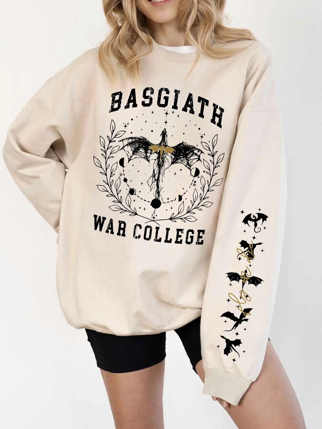 Basgiath War College Fantasy Graphic Sweatshirt, Casual Comfy Pullover, Beige Oversize Crewneck with Mythical Art, Gift for Fantasy Lovers & Bookish Enthusiasts, Casual Hangouts & Daily Looks, College-Inspired Design