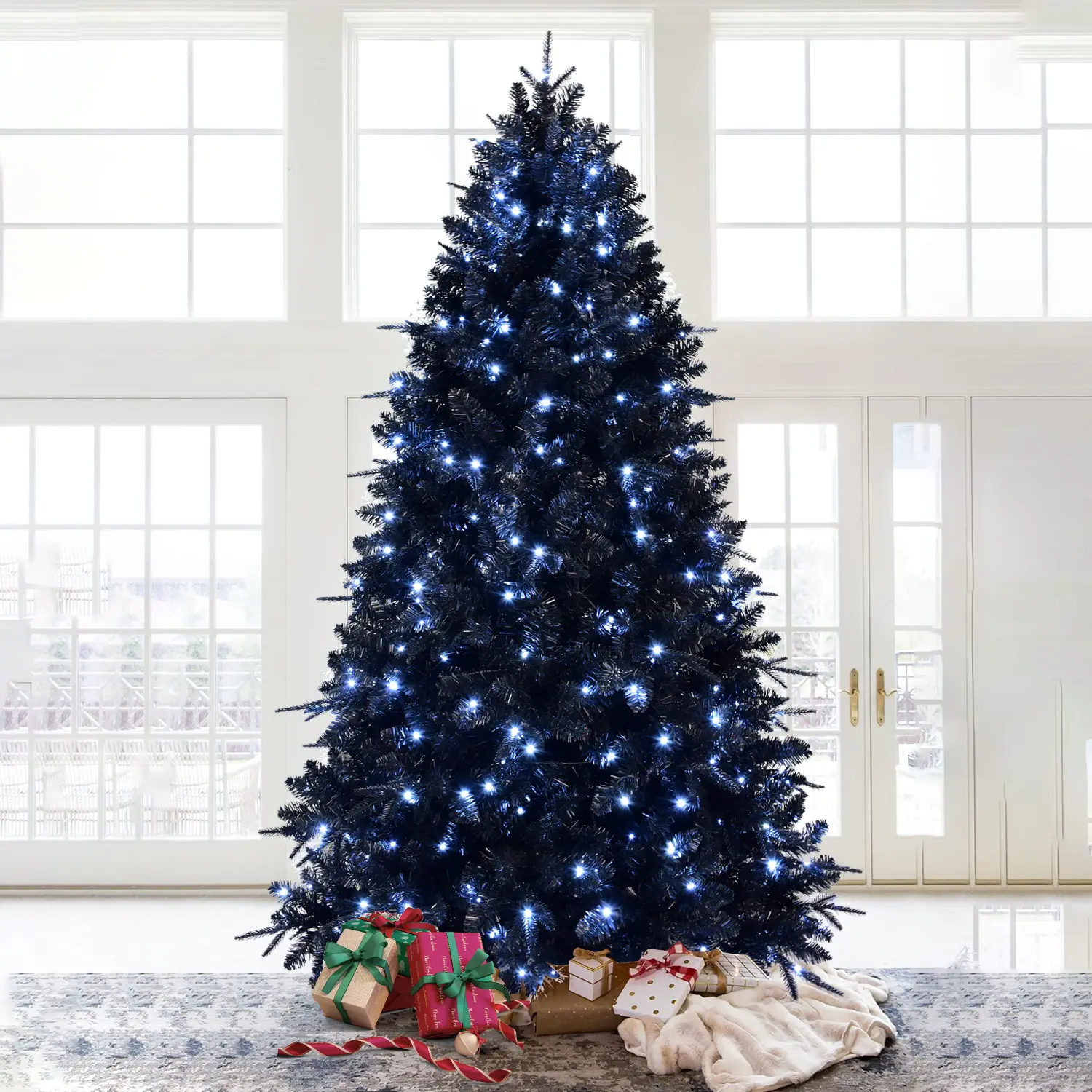 Pre-Lit Black Artificial Christmas Tree - Hinged Holiday Decoration with Stable Metal Stand, Magical Lights and Ornaments for Halloween & Christmas, Light