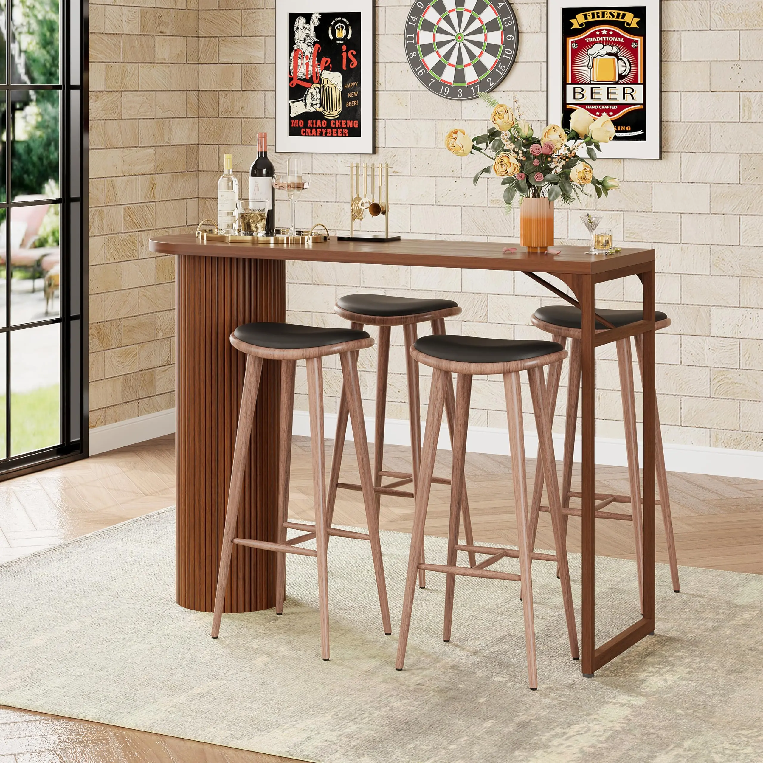 Giratree 55" Long Bar Table, Fluted Wood Counter Height Pub Table, High Top Kitchen Breakfast Bar Tables with Sturdy Metal Frame, Modern Bar Height Dining Table for Bistro, Dining Room, Living Room