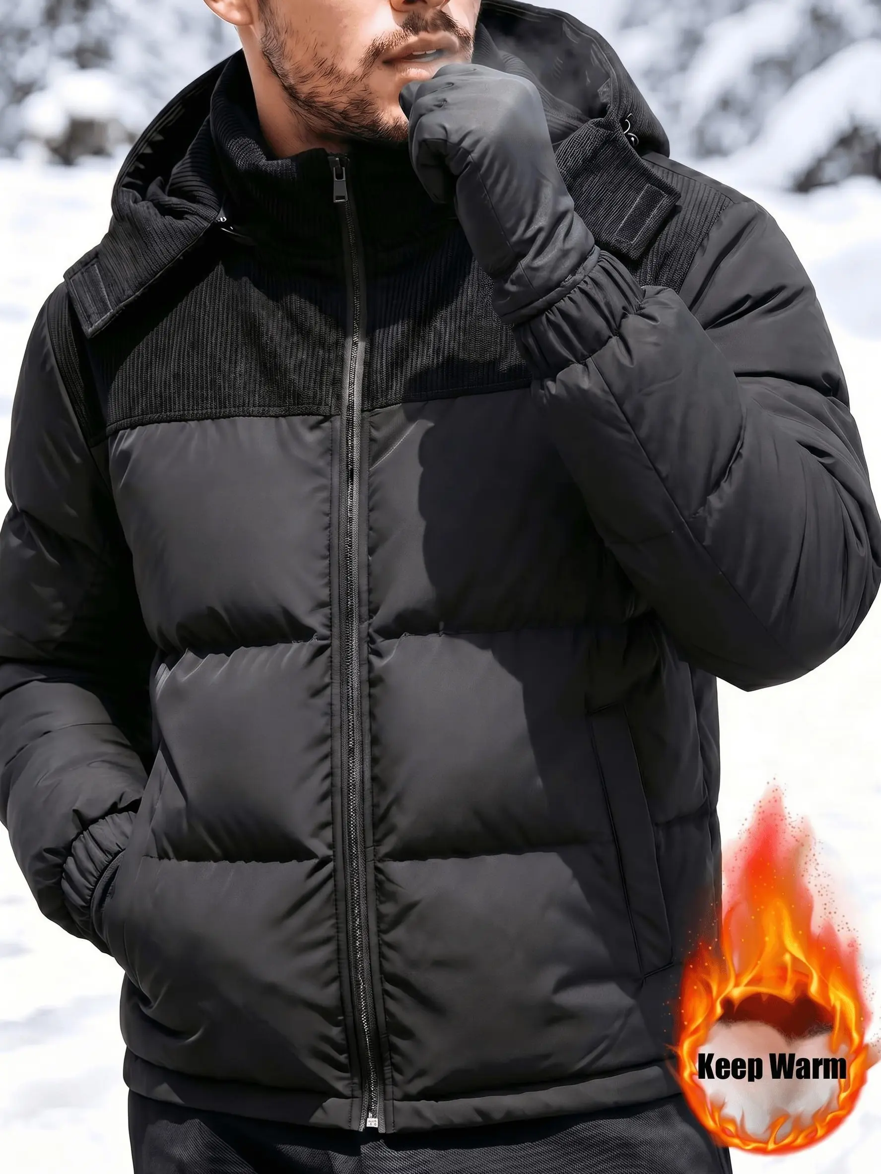 Men's Casual Winter Detachable Hood Puffer Jacket - Menswear Top with Rib Knit Contrast Collar, Cuffed Zip-Up, Warm Insulated Quilted, Windproof Water-Resistant Loose Fit, Side Pockets for Snow Skiing, Mountain Hiking