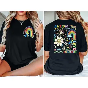 Unisex Autism Awareness T-Shirt Double-Sided It's Ok To Be Different Rainbow Graphic Tee Oversized Loose Crewneck Short Sleeve Cotton Top Special Education Occupational Therapy ABA Neurodiversity Advocacy Casual Daily Wear for Men Women