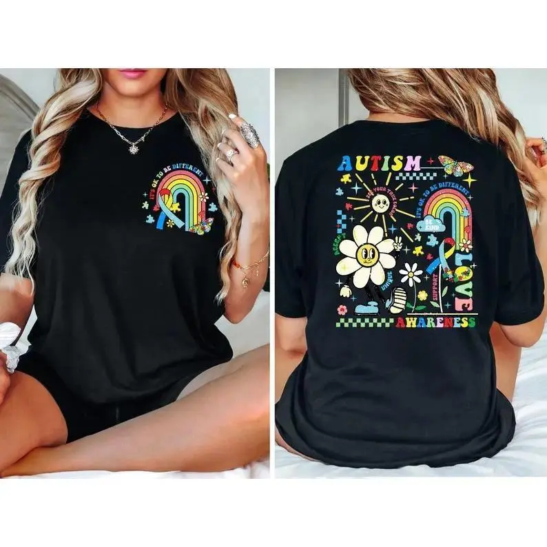 Unisex Autism Awareness T-Shirt Double-Sided It's Ok To Be Different Rainbow Graphic Tee Oversized Loose Crewneck Short Sleeve Cotton Top Special Education Occupational Therapy ABA Neurodiversity Advocacy Casual Daily Wear for Men Women