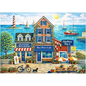 BenBen Puzzles for Adults 500 Pieces, Seaside Harbor Town, Colorful Coastal Scene Jigsaw Puzzles with Patterns on Back, Scenic Ocean Puzzle with Poster