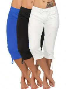 Women's Lightweight Seven-Quarter Pants with Adjustable Drawstring Waist, Everyday Comfortable Casual Style for Spring Summer, 3-Piece Set
