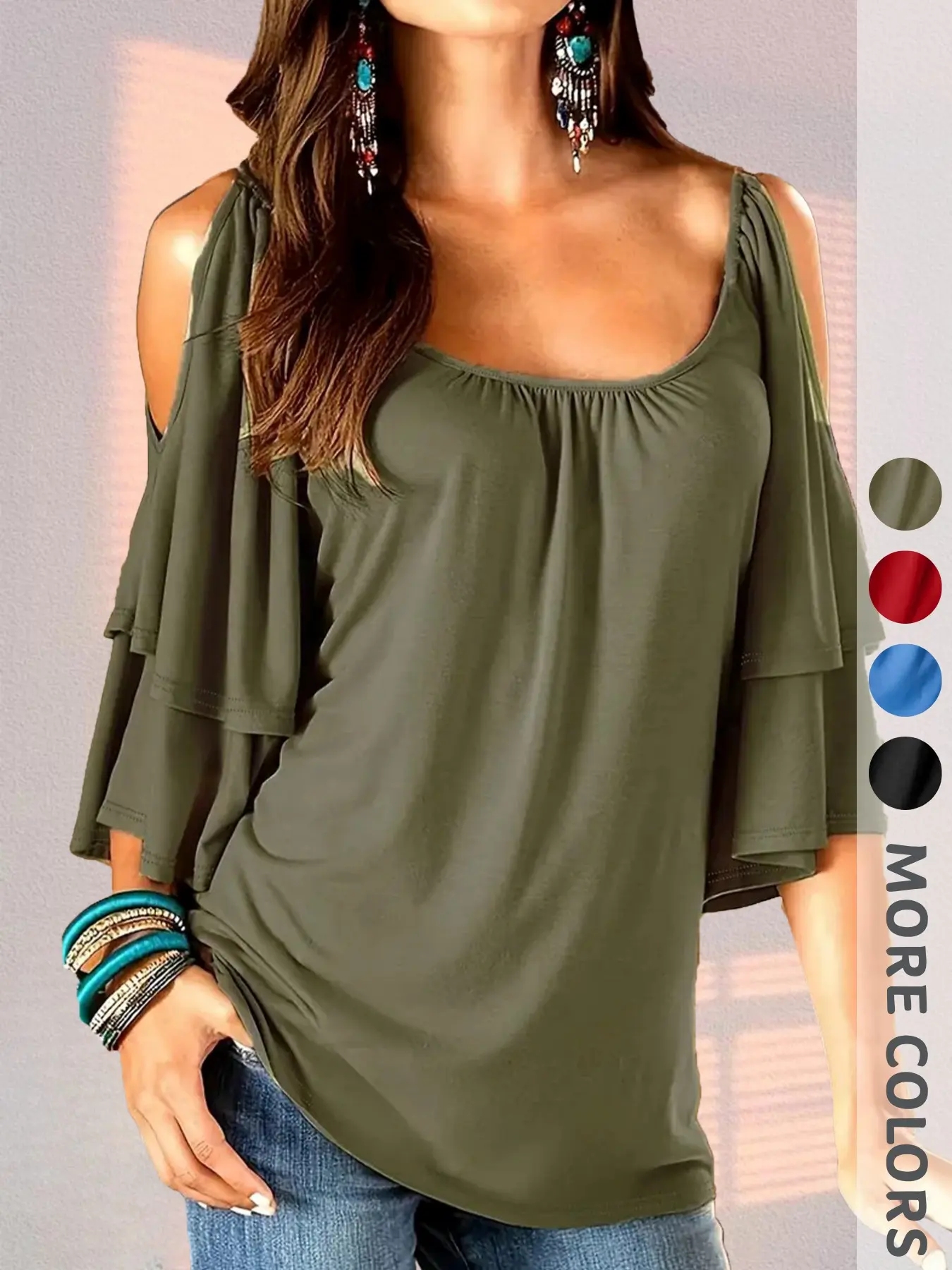 New Summer Women's Solid Color Cold Shoulder Multi-Layer Ruffle Sleeves Tee, Elegant Chic Square Neck Half Sleeve Top, Casual Fashion Summer Wear for Commute & Date, Loose