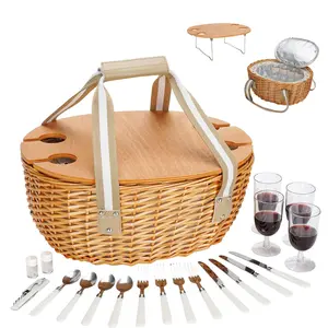 Picnic Basket for 4, Insulated Wicker Hamper with Folding Table, Willow Picnic Baskets Set with Large Insulated Cooler Bag for Camping Outdoor(Beige)