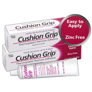 Cushion Grip Thermoplastic Denture Adhesive 1oz (2 Pack)–Extra Strong Hold Up to 4 Days, Unmatched Strength, Waterproof & Zinc Free, Relieves Sore Gums, Comfortable Refit, Long Lasting Denture Refit