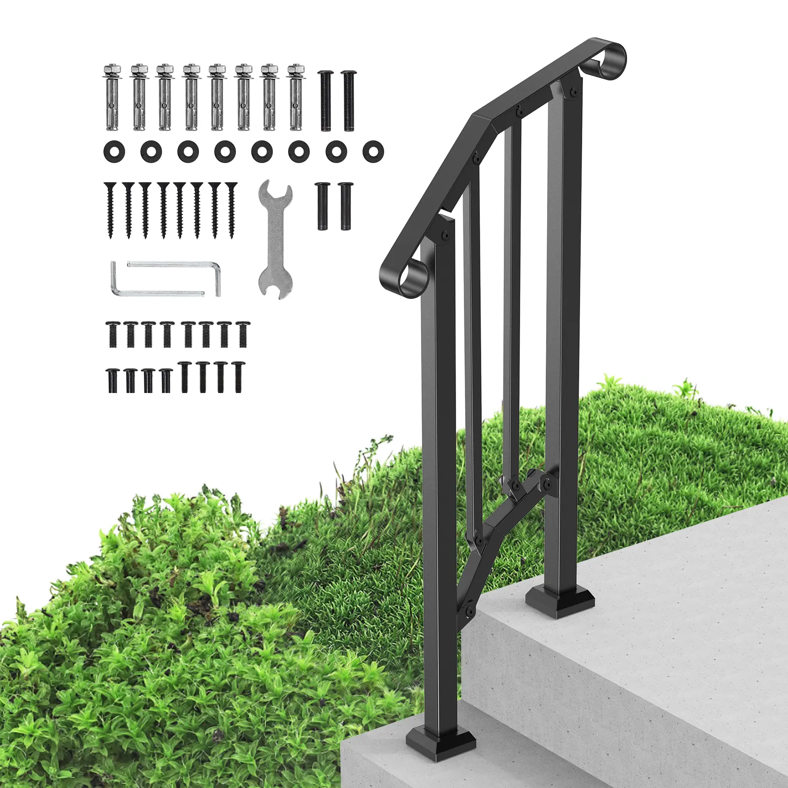 【Summerfinds】VEVOR Handrails for Outdoor Steps,1-2 Step Stair Hand Rail KitTransitional Carbon Steel Railings with Installation KitStair Rails for SeniorsConcrete Steps & Porch & DeckBlack Retro Arch, Adjustable Steps Accessories