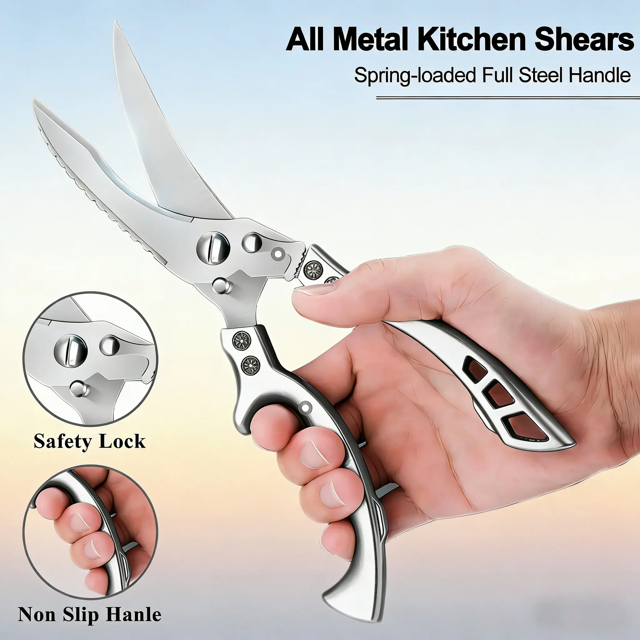 Heavy-Duty Spring-Loaded Kitchen Shears - Multipurpose Stainless Steel Meat Shears with Ultra-Sharp Blades, Ideal for Chicken, Meat, Turkey, Fish & Vegetables, Dishwasher-Safe
