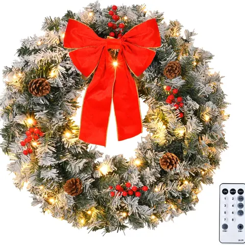 VINGLI 36-Inch Round Prelit Plug-In PVC Branch Artificial Christmas Wreath - Festive Atmosphere Home Ornament with Timer Lights, LED Garland, European Contemporary Decor, Storage Box for Front Door