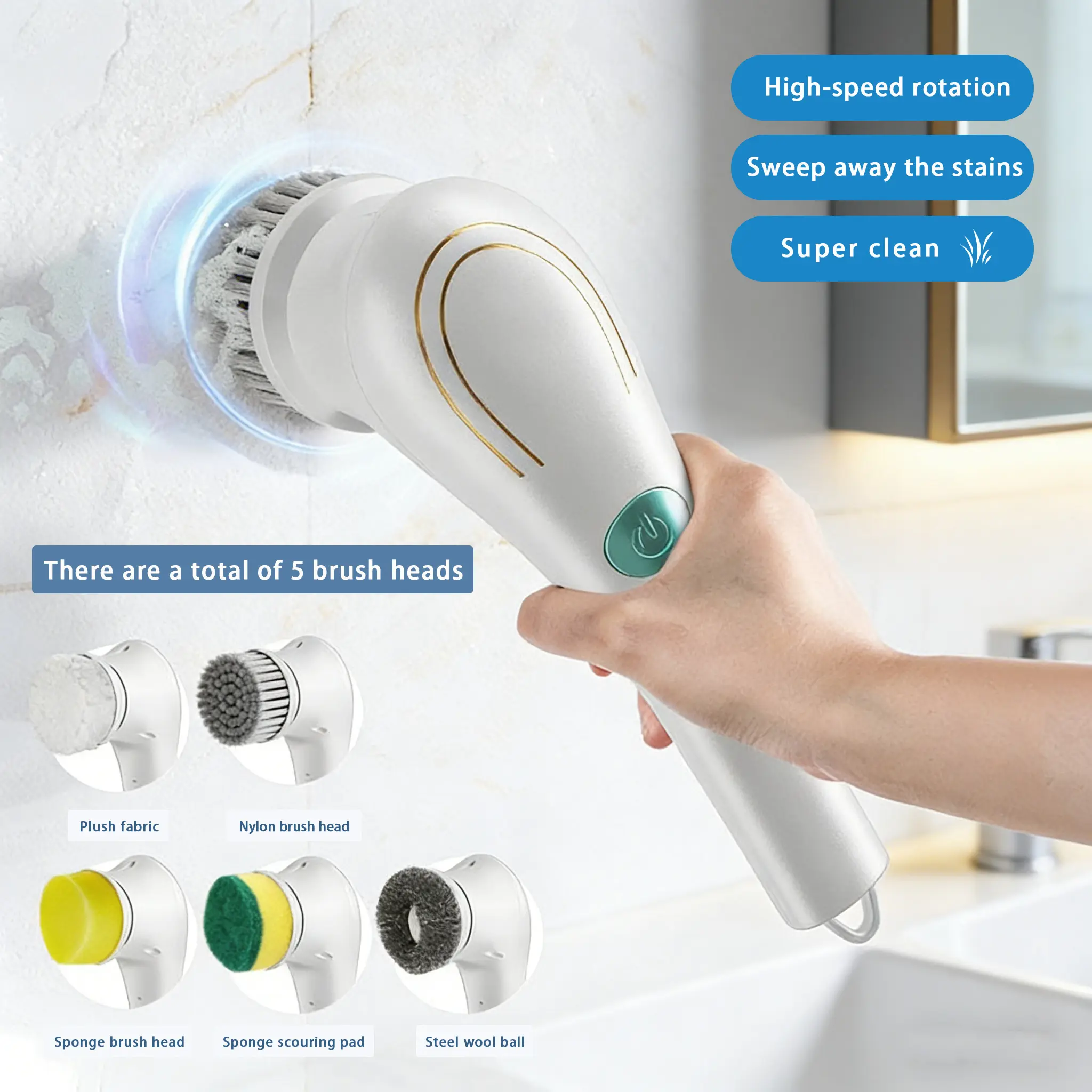 Handheld Cordless Rechargeable Electric Rotating Power Scrubber - USB Charging Port Handheld Tool with 5 Replaceable Heads, Power Scrubber Brushes for Bathroom, Kitchen (Cordless Freedom)