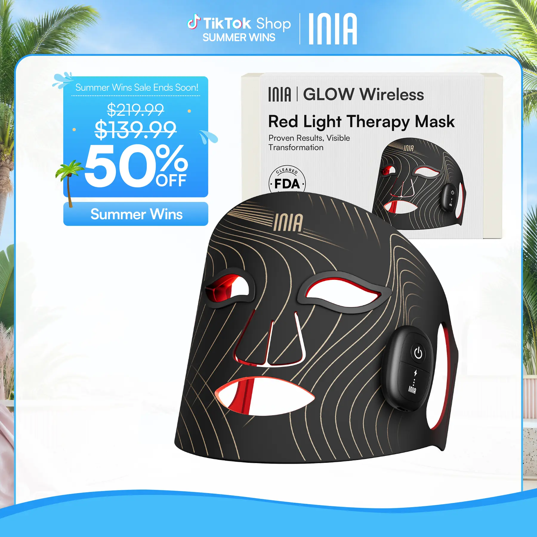 INIA GLOW Wireless LED Face Mask-with Red Light Therapy, 2-Year Warranty, Portable and Rechargeable for LED Facial Mask Skincare at Home and Travel, Mother's Day Special Gift
