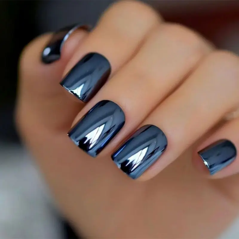 Y2K Style Magic Blue Metal Chrome Press-On Nails, Fake Nails, False Nail Set, Nail Art Design, Square Nail Shape, Square Glossy Metallic Finish, Includes Jelly Glue and Nail File, Perfect for Rave Parties, Nail Kit Set