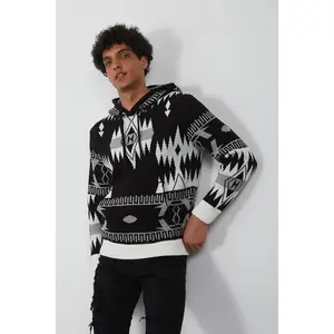 Men's Tribal Pattern Knit Hoodie – Black & White Geometric Pullover for Streetwear Style
