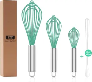 Teal Silicone Whisk, Professional Silicone Whisks for Cooking Non Scratch, Stainless Steel & Silicone Wisk,Plastic Rubber Whisk Tool for Nonstick Cookware Pans, Silicon Wisks Set of 3, Aqua OYV