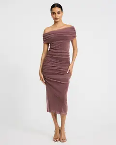 Express Mesh Shine Off The Shoulder Ruched Midi Sheath Dress