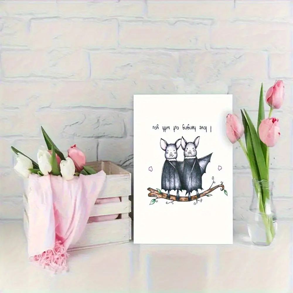 1pc  Cute Bat Couple Card - Valentine's Day, Anniversary, Birthday, Halloween Fun Card - Simple Bat Wedding Invitation, Gothic Romance, and the Perfect Gift for Animal Lovers