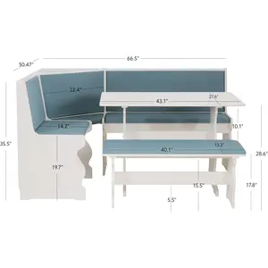 HomeStock Corner Breakfast Nook, Contemporary Cool Blue Corner Breakfast Nook 6614 x 50 x 3445 IN  White Wood Kitchen Nook Table Set with Blue Upholstered Seats Ideal for apartments and small kitchens