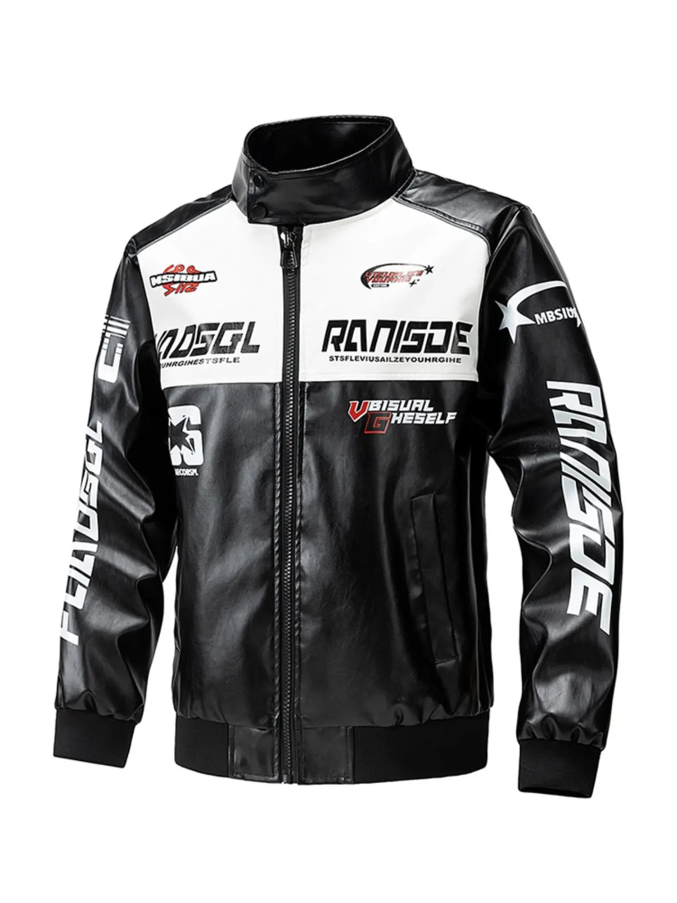 Men's Patchwork Letter Print PU Leather Zip Up Motorcycle Jacket, Casual Long Sleeve Pocket Outerwear for Fall & Winter, Men's Sportswear for Outdoor Activities