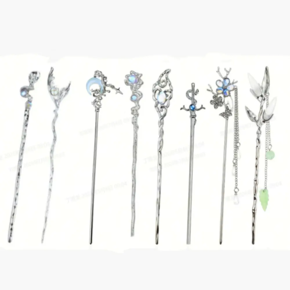 8pcs Moonlight Waterdrop White Jade Galaxy Stone Star and Moon Chinese Hairpin Set, Hanfu Accessory Hair Stick, High-End Cool and Serene Updo Hair Ornament, Women's Step-Shaped Hairpin and Step-Shaped Pendants Combination Set