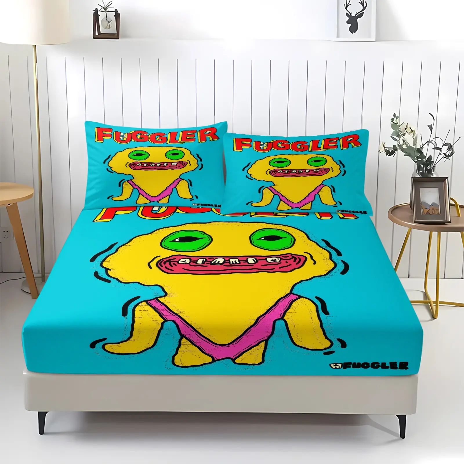 Fuggler Pattern 3-Piece Bed Linen Set, Comfortable Printed Design, Cute Bed Sheets, Toddler Bed Sheets, Includes 1 Sheet and 2 Pillowcases, Comfortable Bedding, Anti-Slip Dustproof Cover for Bedrooms and Guest Rooms