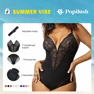 Popilush Fit Shapewear Bodysuit  Deep-V Neck Lace Bodysuits Basic Womenswear Tops Or Leather Skirts Underwear Sleeveless Long Sleeve Bodysuit Buckle Breathable Smooth
