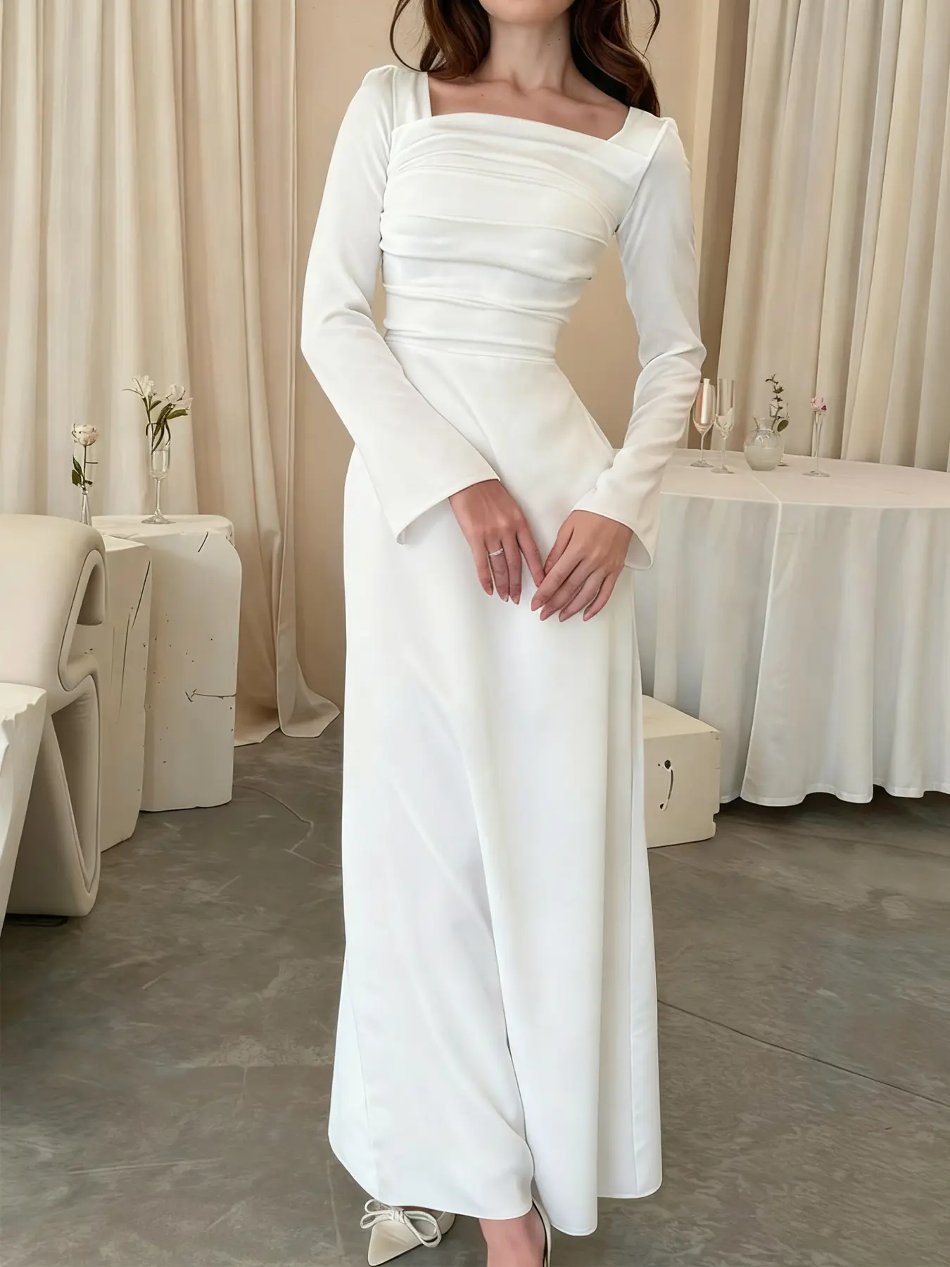 Elegant Chic Women's Knitted Square Neck Long Sleeve Bodycon Dress, Fit, Versatile Fashion for Various Body Types, Perfect for Daily and Casual Wear