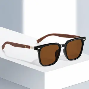 Unisex Polarized Sunglasses, Black Square Frame with Wood Temples, Anti-Glare Driving Shades UV400