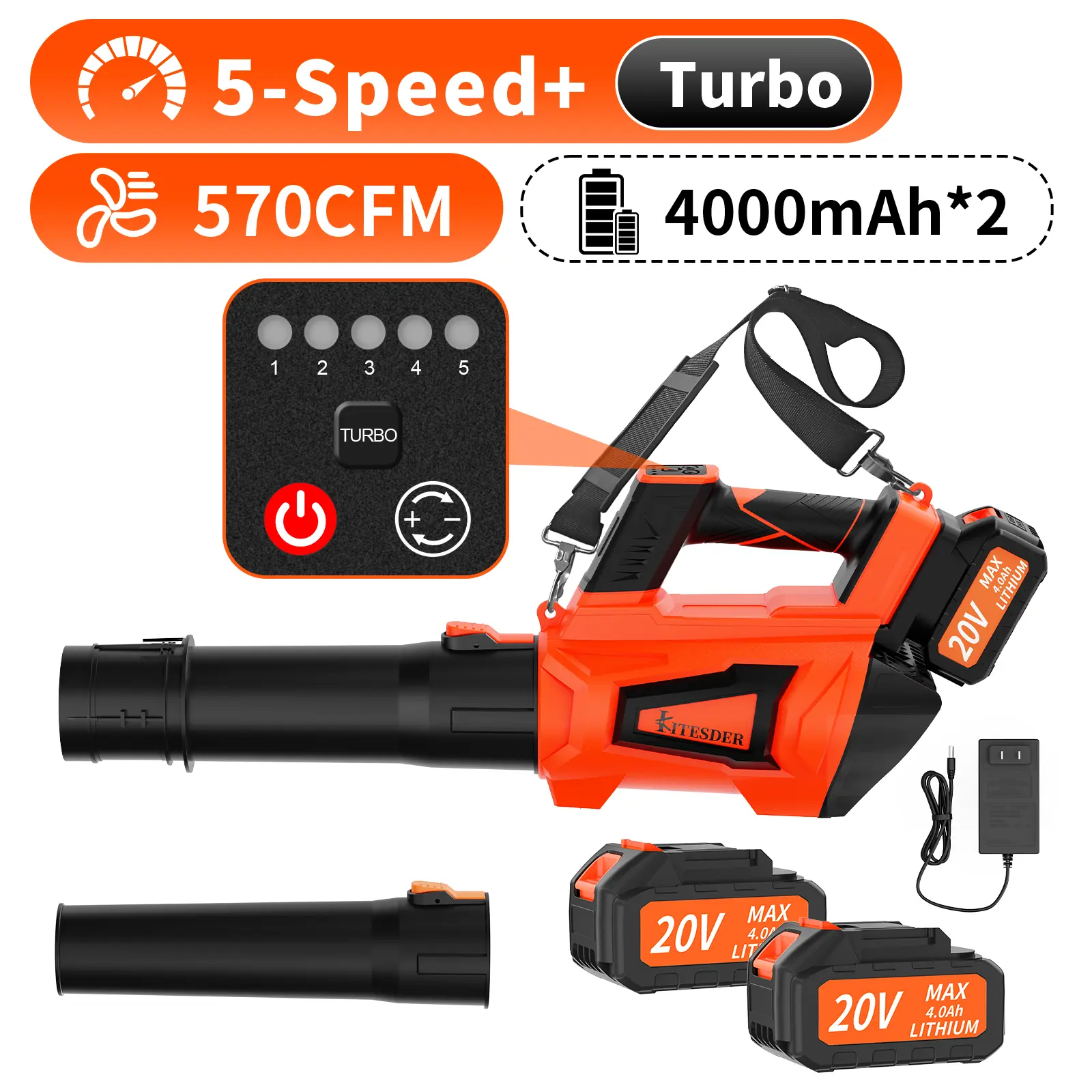 KITESDER Cordless Electric Leaf Blower / Snow Blower, 20V 4000mAh Battery, Quick Charger, 8 variable speed gears