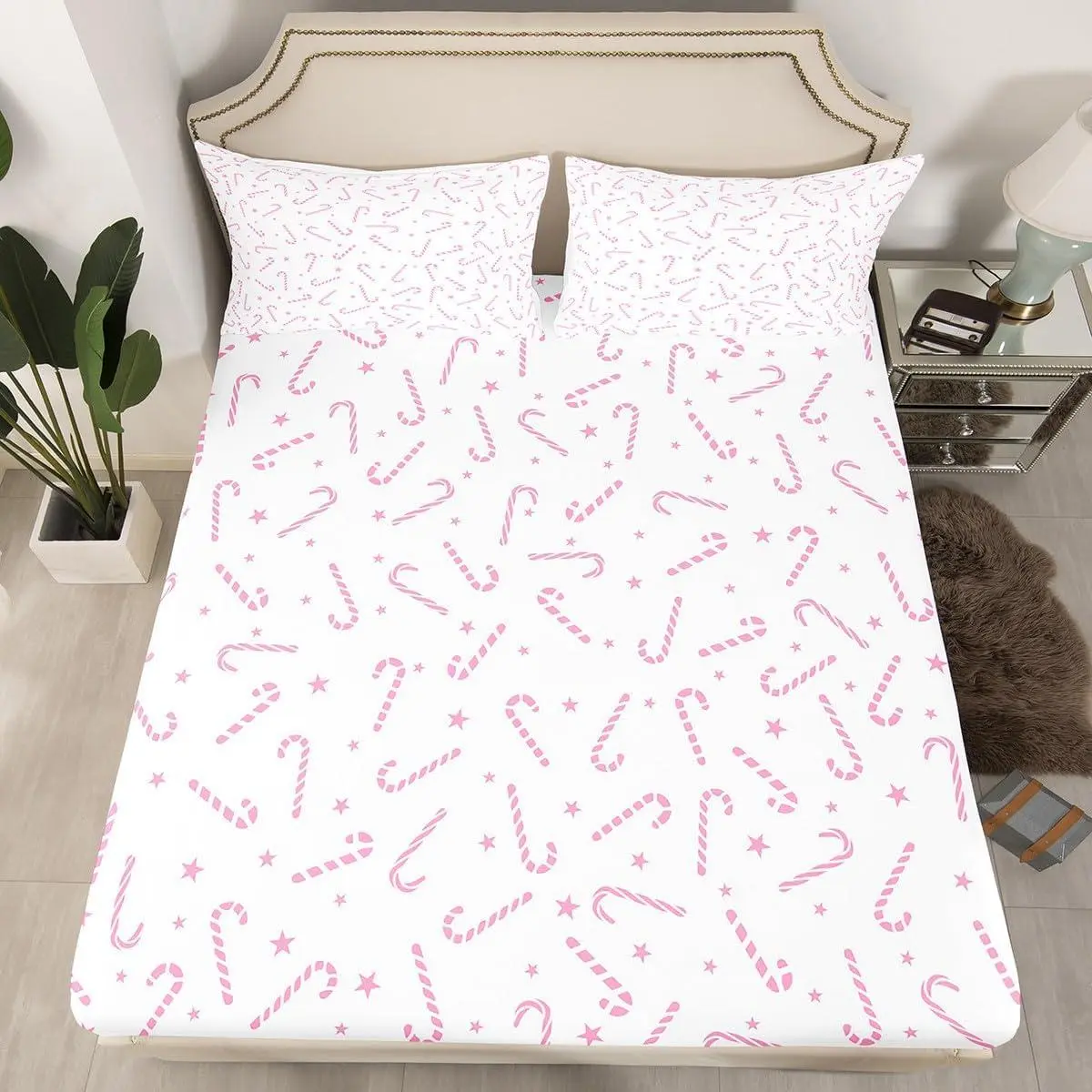 Pink Christmas Bed Sheets for Girls,Cartoon Christmas Candy Cane Fitted Sheet for Teenage Children,Xmas Decorations Bedding Set,Pink White Sheets