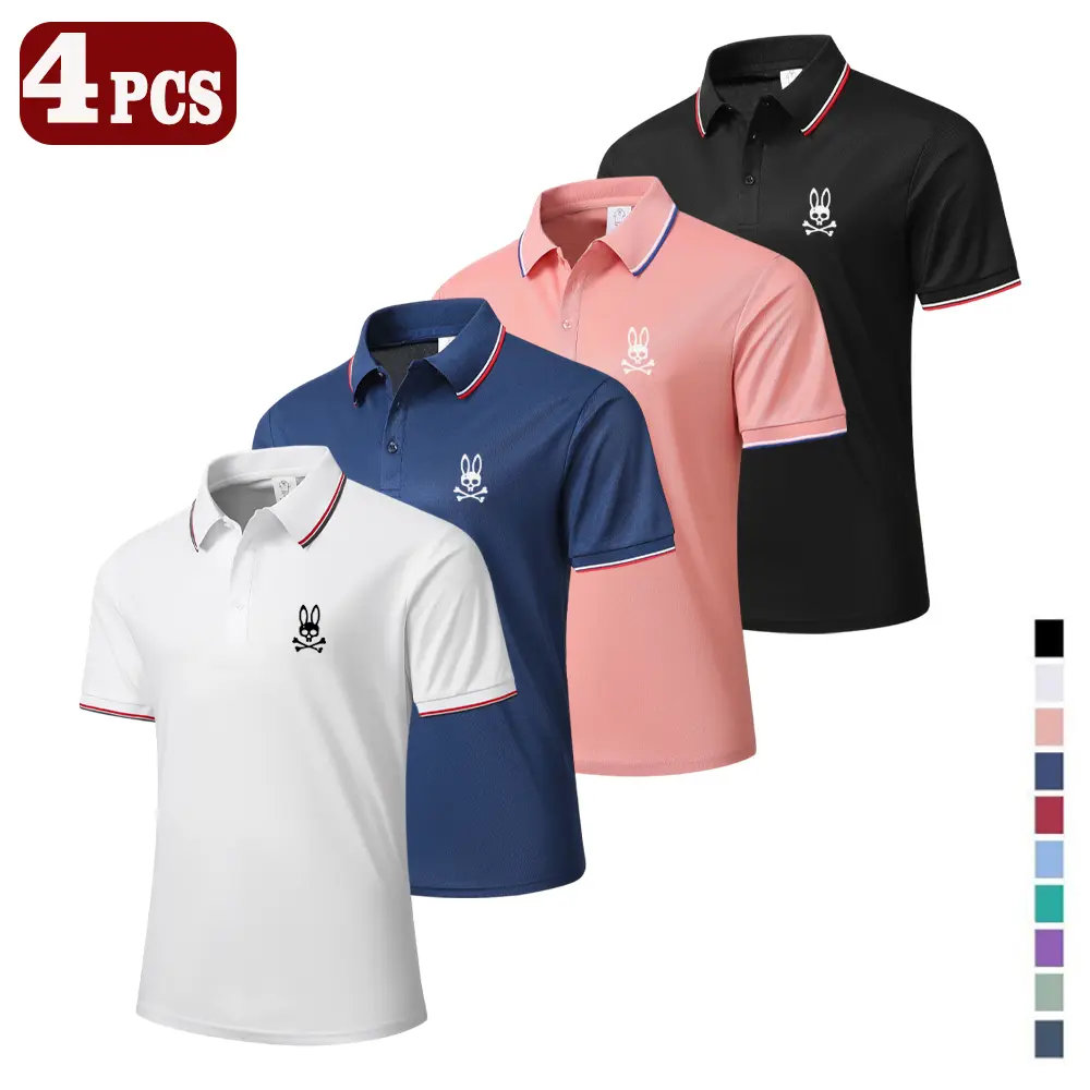 Men's Stylish 4-Piece Casual Shortsleeve Polo Shirt Set, Mixed Colors, Printed, Breathable Cool Fabric, Menswear Top, Suitable for Multiple Seasons - Ideal Holiday Gift, Breathable Polo Shirts
