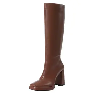 Women's Square Toe High Boots Wide Calf Knee High Boots Chunky Heel Full Side Zipper Fashion Boots