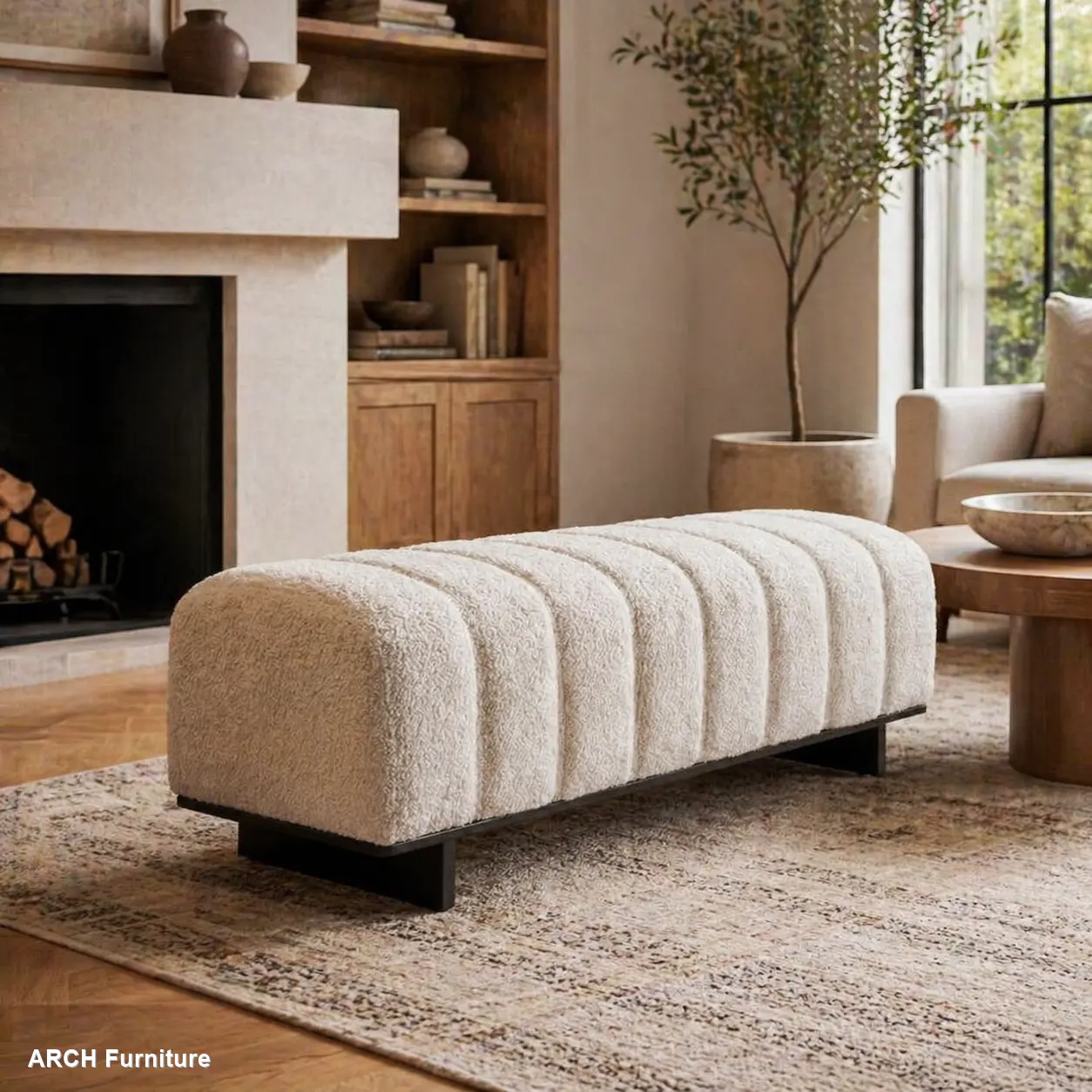Modern Arch Beige Textured Fur Tufted Upholstered Rectangular Indoor Dining Bench - Soft Cushioned Stool, Sturdy Rubber Wood Legs, 250lbs Capacity, Neutral Tone, Multiple Seats, Assembly Required, for Dining Room/Living Area