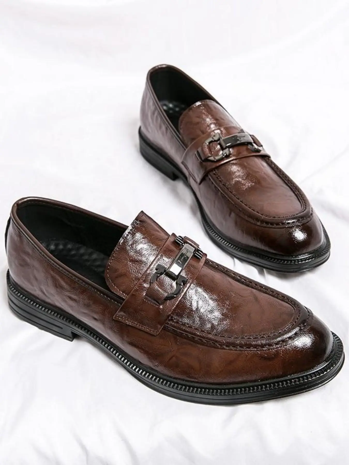 Men's Business Style Formal Solid Color Double Buckle Decor Round Toe Footwear Loafers, Fashionable PU Leather Slip-on Shoes for Work Office, Male All-match Shoes for Daily Wear