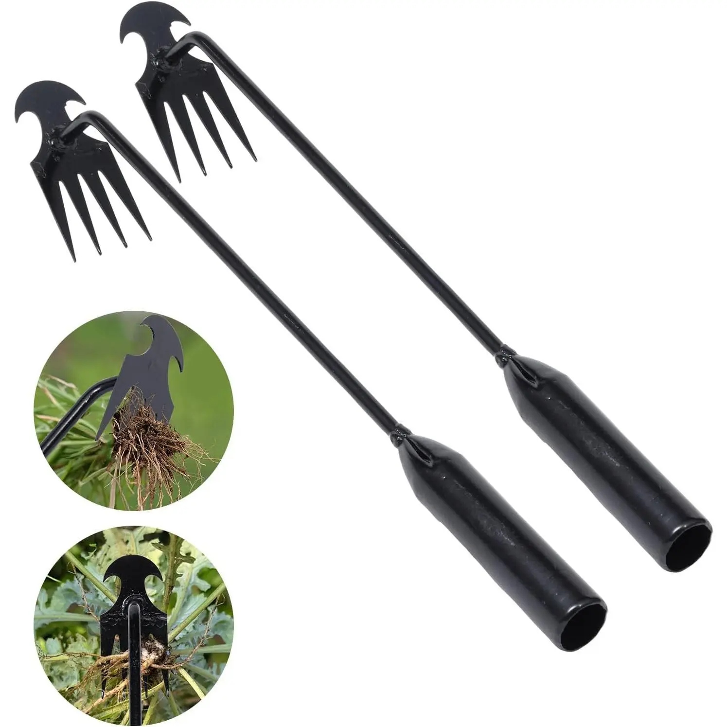 Garden Tools 2-Piece Manganese Steel 4-Teeth Weed Puller, 16-in Dual-Purpose Uprooting Tool for Vegetable Gardening, Black Outdoor Accessories, Easy to Loosen Soil, Effortlessly Pull and Remove Weeds