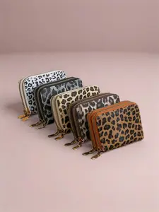 Leopard print short women's coin purse, high-end multifunctional coin storage bag with double zipper and card holder