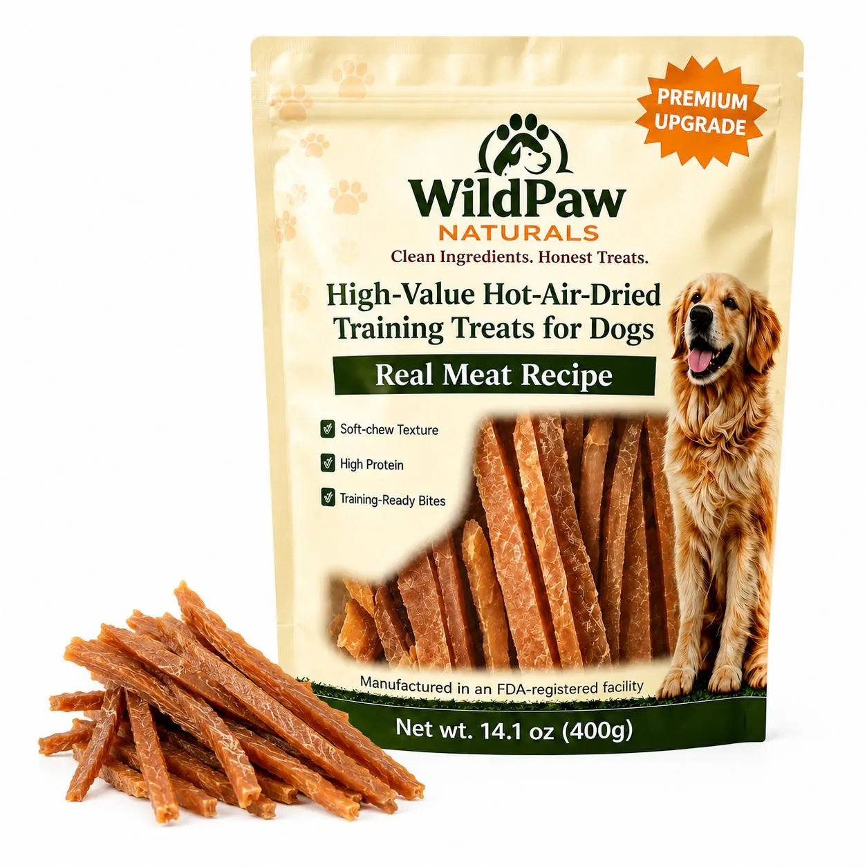 WildPaw Real Chicken Breast Strip-Shape Dog Treats - Chewy, Tender Texture Puppy Snacks, 14.1oz (400g) Resealable Bag Training Rewards for All-Age Pets