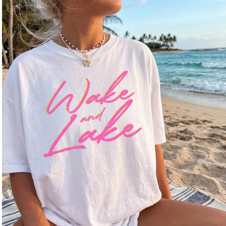 Retro Wake and Lake Shirt Trendy Lake Life Tshirt Oversized Lake Tee Cute Summer Shirts Lake Vacation Preppy Clothes Teens
