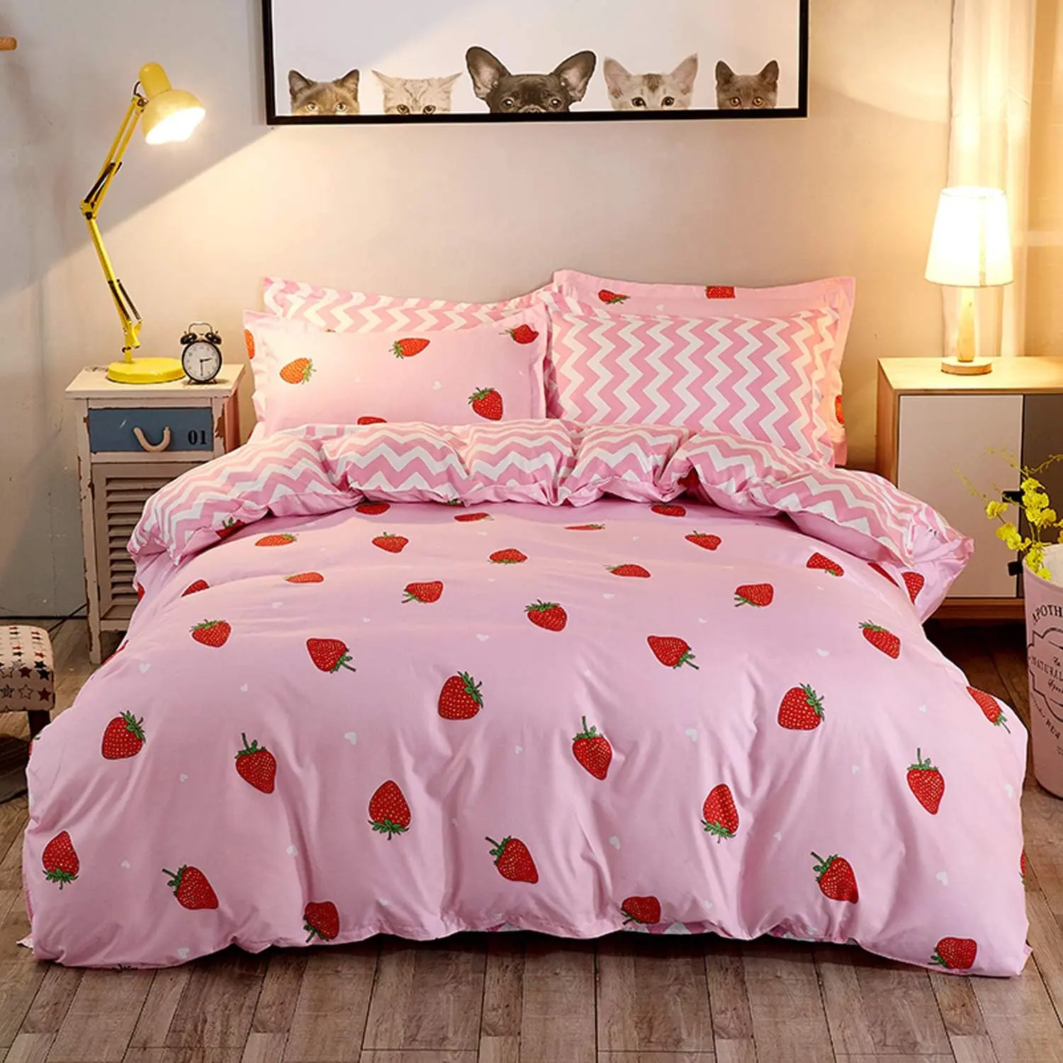 Feelyou Kawaii Strawberry Reversible Stripe Print Duvet Cover Set - Soft Breathable Microfiber Bed Sets Supplies, Girly Bedroom Decor for Girls, Breathable Duvet Set