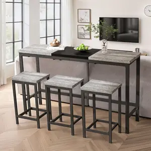 Dining Table Set 3 Pieces, Pub Table, Long Dining Table Set with 3 Stools, Convenient Hanging Stool Design, Modern Kitchen Dining Room Furniture Set