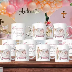 Recuerdos para Bautizos y Quinceañeras Personalized Photo Mugs with Gold Cross Design and Floral Accents for Special Occasions