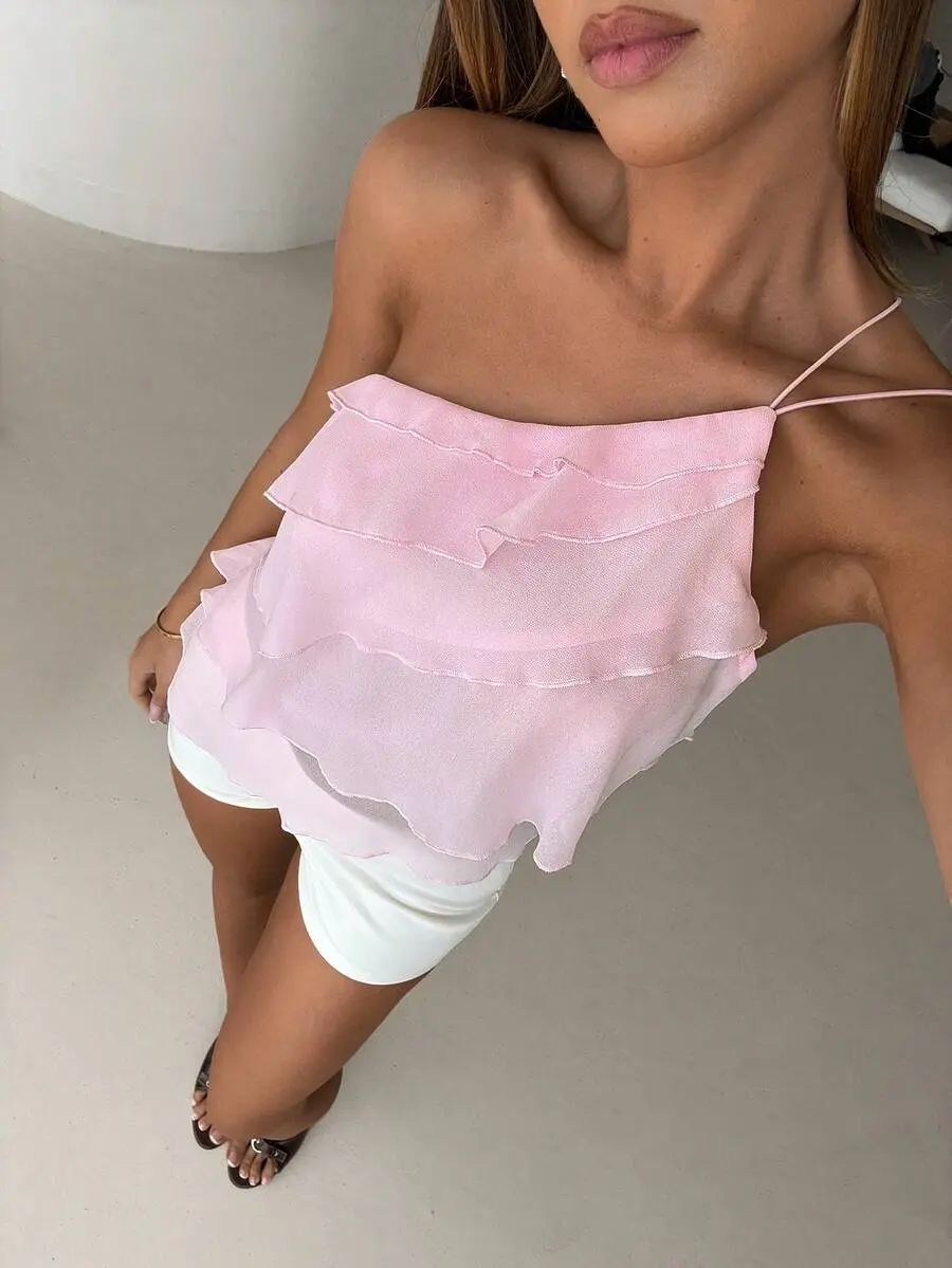 Women's Light Pink Summer Cute Birthday Party Vacation Chiffon One-Shoulder Backless Layered Ruffle Blouse, Date Night Top