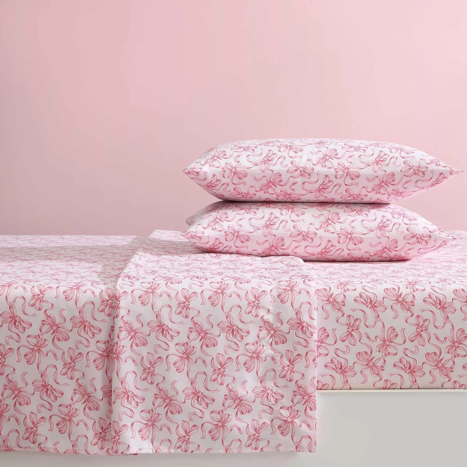 Betsey Johnson - Twin Sheet Set with Fitted Sheet & Pillowcase, Fade & Wrinkle-Free Bedding, Deep Pocket, Dorm Room Essentials, Ballet Bows Pink