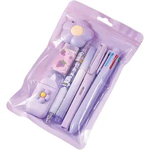 7 Pcs Cute Purple Stationery Set Kawaii School Supplies Office Supplies Including Ballpoint Pens Pencil Sharpener Highlighter Correction Tape Ruler Utility Knife (Purple)
