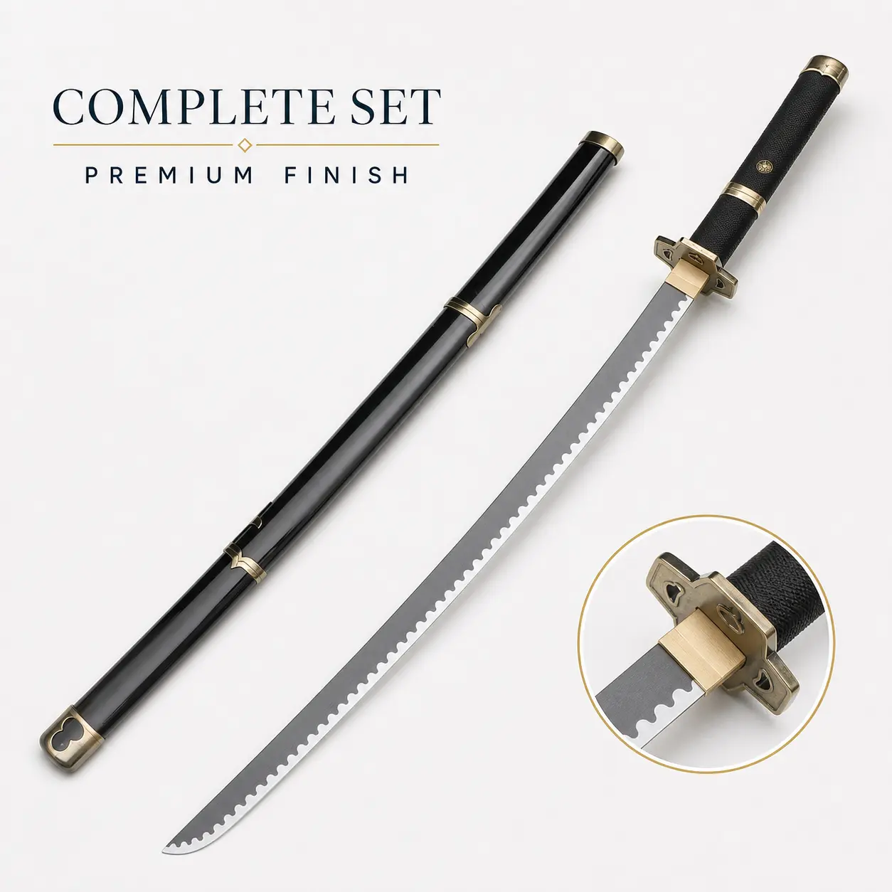 Yubashir Anime Cosplay Replica Katana, Full Size, Black-Wrapped Handle, Glossy Black Sheath, Golden Decorative Hardware, Lightweight Safe Toy Sword, Cosplay Halloween Costume Prop, No