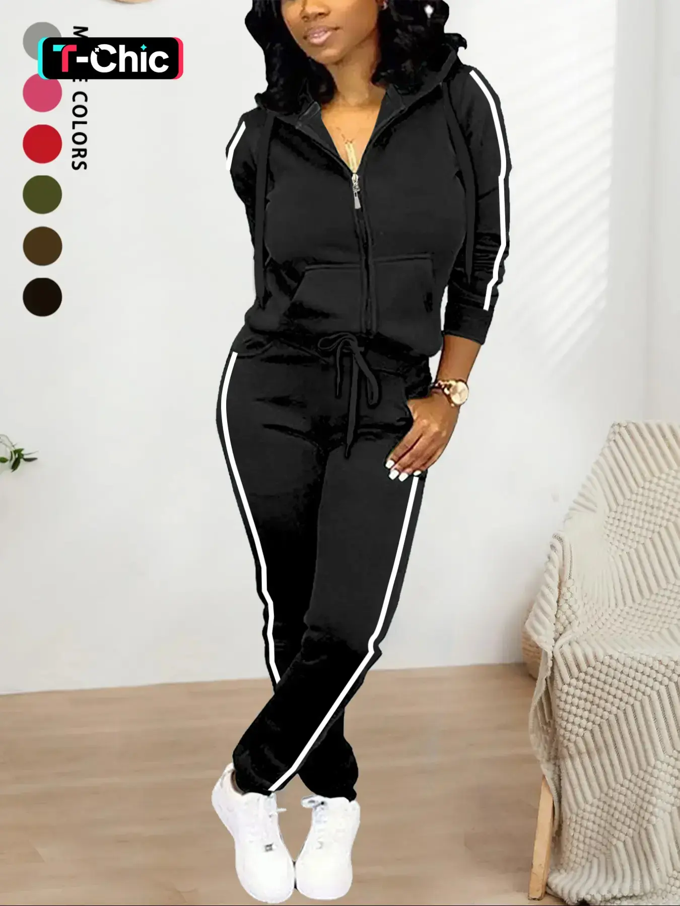 Women's Fall Winter Casual Basic Minimalist Fitted Matching Two-Piece Set, Solid Color Knit Hooded Zipper Long Sleeve Sweatshirt & Long Trouser Pants, Comfortable Daily Wear, Outfit, Womenswear, Clothes