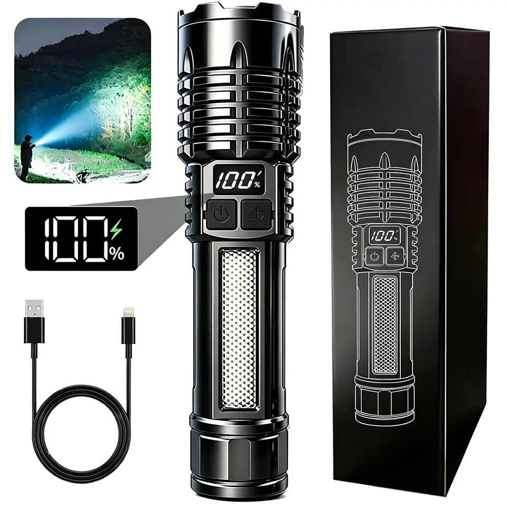 Rechargeable LED Flashlight, 5 Adjustable Modes, High-Intensity Ultra-Long-Lasting, LCD Digital Display Powerful Handheld Light for Outdoor Cycling & Exploration, Unique Gifts for Man (Sports & Outdoor Camping Hiking Lights), Lcd Display