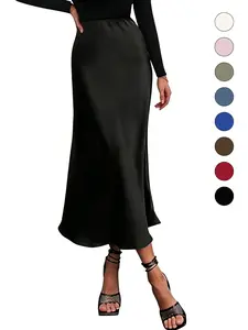Women's Solid Color Satin Slim Skirt, Elegant Fashion Skirt for Work Office Business, Ladies Clothes for All Seasons, Chic Bottom